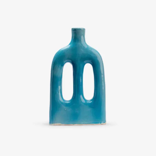 Aqua Blue Handmade Moroccan Ceramic Vase with Cut-Outs