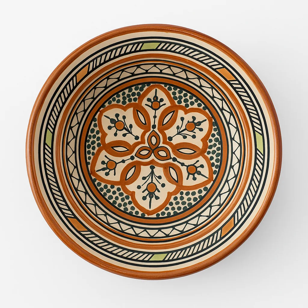 Handmade Moroccan Gasaa Plate – Asfi Pottery Serving Dish in Terracotta & Green Pattern