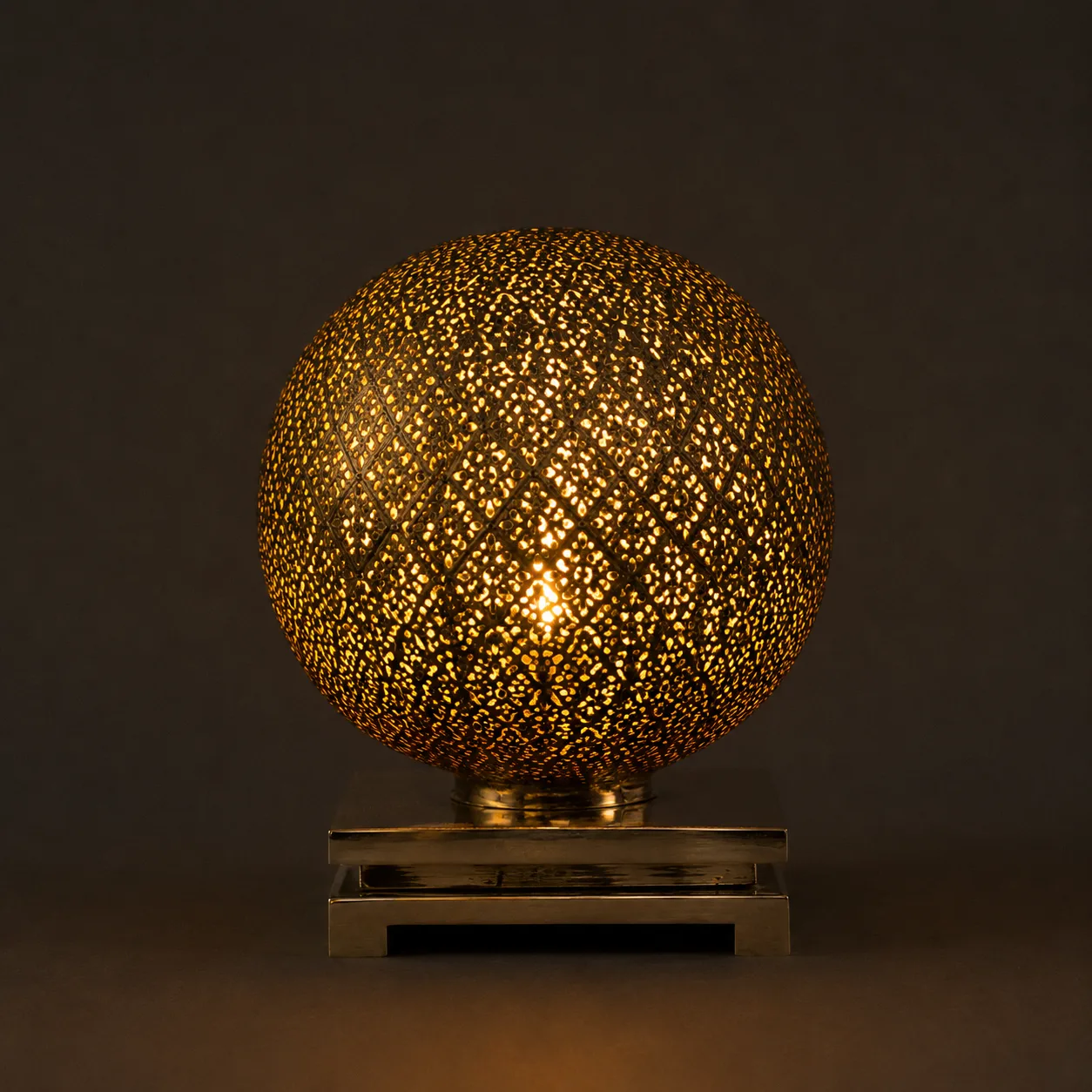Silver Moroccan Table Lamp with Intricate Floral Sphere Design