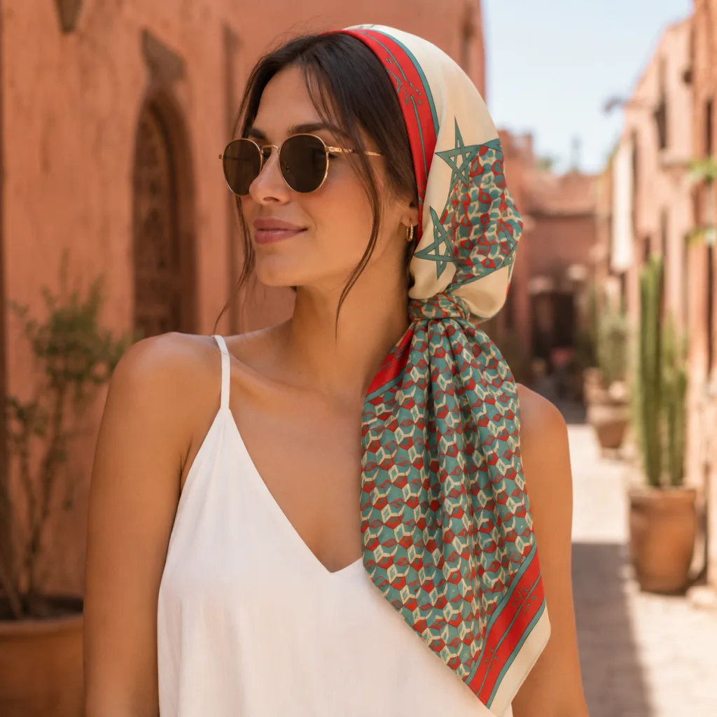 A Model Wearing the iconic moroccan scarf in summer Marrakech city