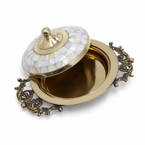 Mother-of-Pearl Inlaid Moroccan Brass Jewelry Box with Ornate Handles