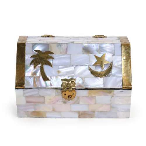 Mother of Pearl Mosaic Moroccan Jewelry Box with Brass Palm & Moon
