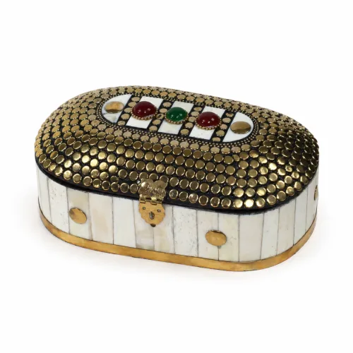 Moroccan Brass Mosaic Jewelry Box with Gem Embellishments