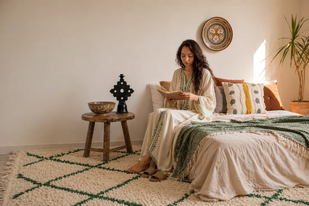 Moroccan Bedroom decorated with Moroccan Pottery and Moroccan rug