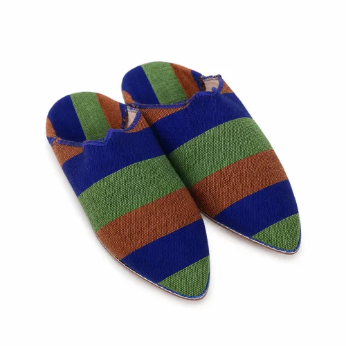 Striped Moroccan Babouche Slippers in Blue, Green & Brown