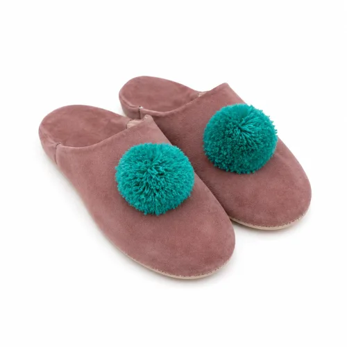 Aubergine Suede Moroccan Babouche with Emerald Pom Pom