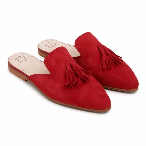 Scarlet Suede Moroccan Babouche Slippers with Tassel Finish