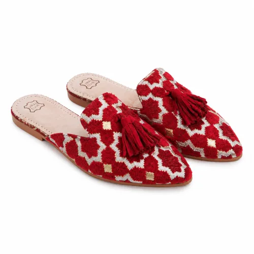 Red Geometric Tassel Moroccan Babouche Slippers
