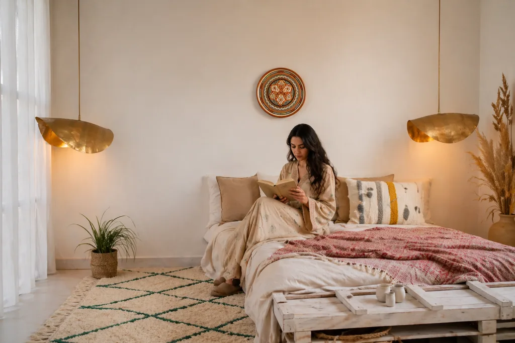 Moroccan Lighitng Bedroom with Decorative Moroccan Plate and Hanging Lights
