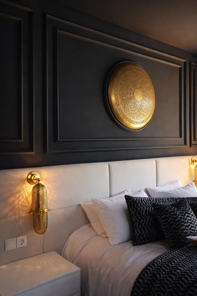 A Moroccan Bedroom designed with Moroccan Lighting - Wall Lighting and Table lamps.