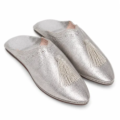 Silver Tassel Moroccan Babouche Slippers in Metallic Leather