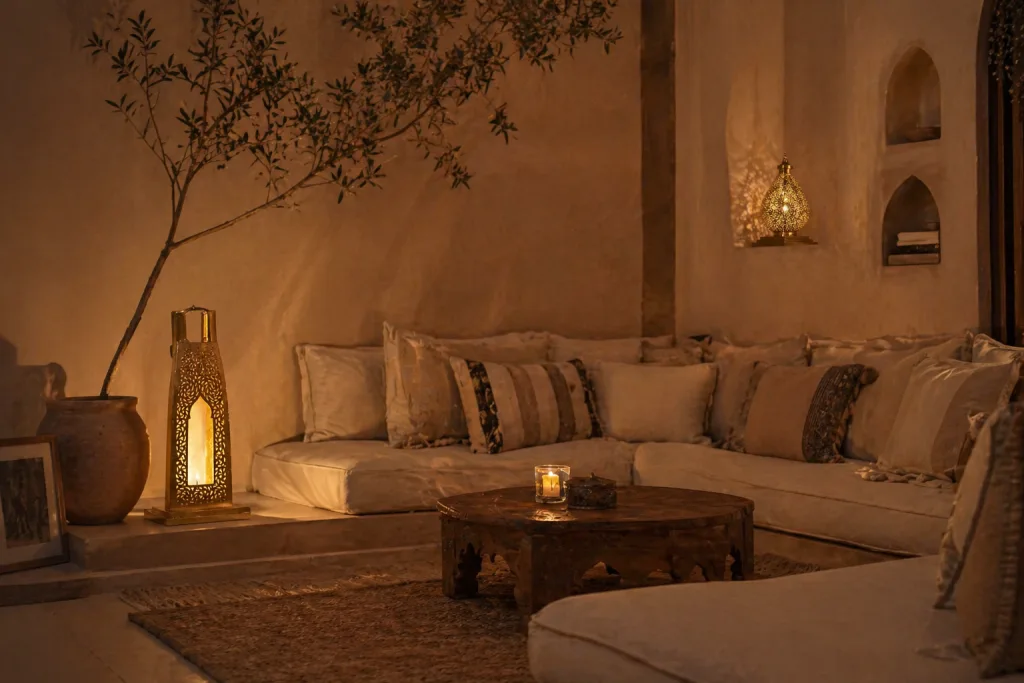 Moroccan living room with multiple lanterns placed on floor and tables creating warm ambient lighting and cosy atmosphere