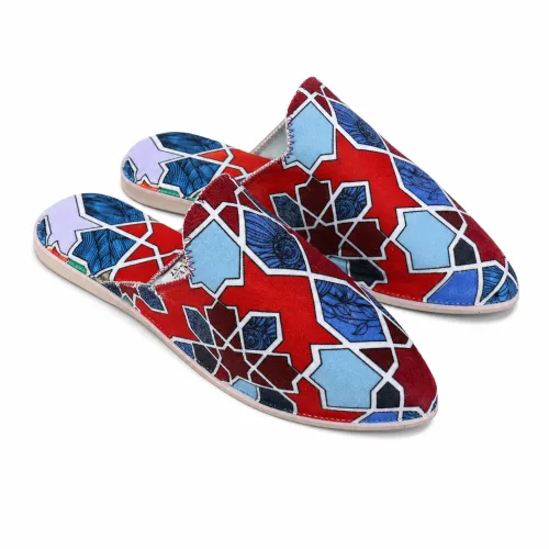 Moroccan Mosaic Babouche Slippers – Geometric Red & Blue Velvet