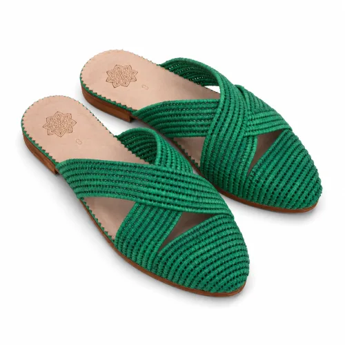 Emerald Weave Moroccan Babouche Slippers with Leather Sole