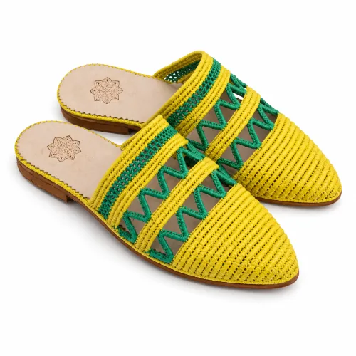 Yellow & Green Raffia Zigzag Moroccan Babouche Slippers