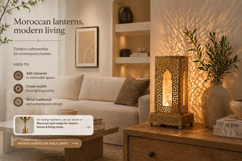 modern home interior styled with a single Moroccan lantern creating soft warm lighting in a minimalist space