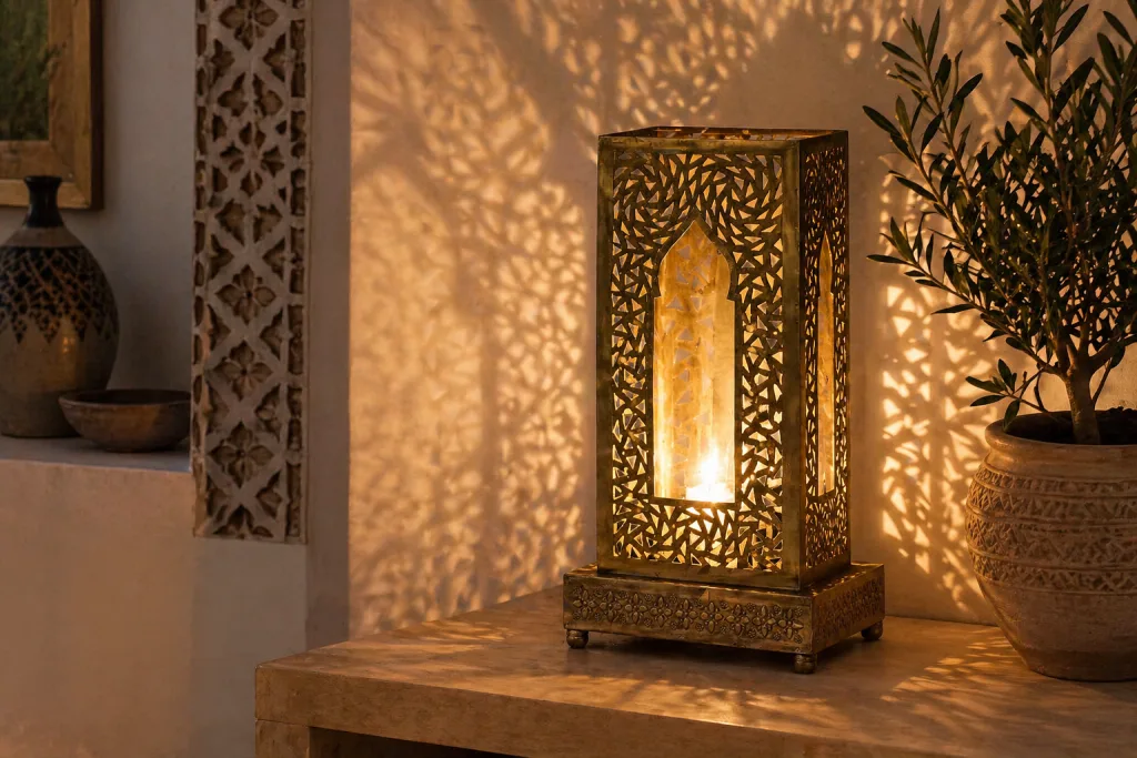 traditional Moroccan lantern with intricate metal patterns casting decorative shadows on walls in a warm interior setting