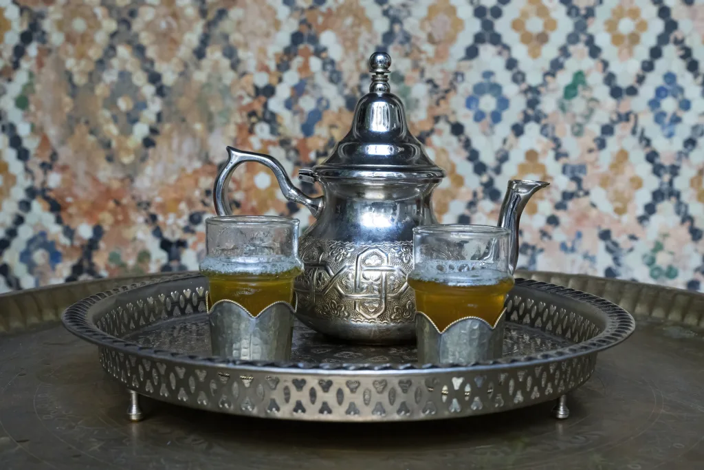 View of traditional Moroccan tea set on a table in Marrakech