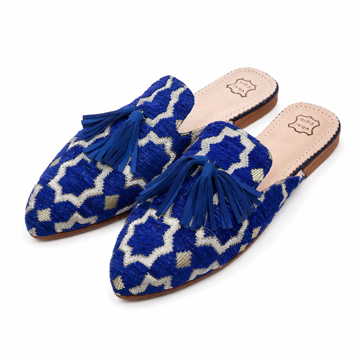 Blue Geometric Tassel Moroccan Babouche Slippers for Women