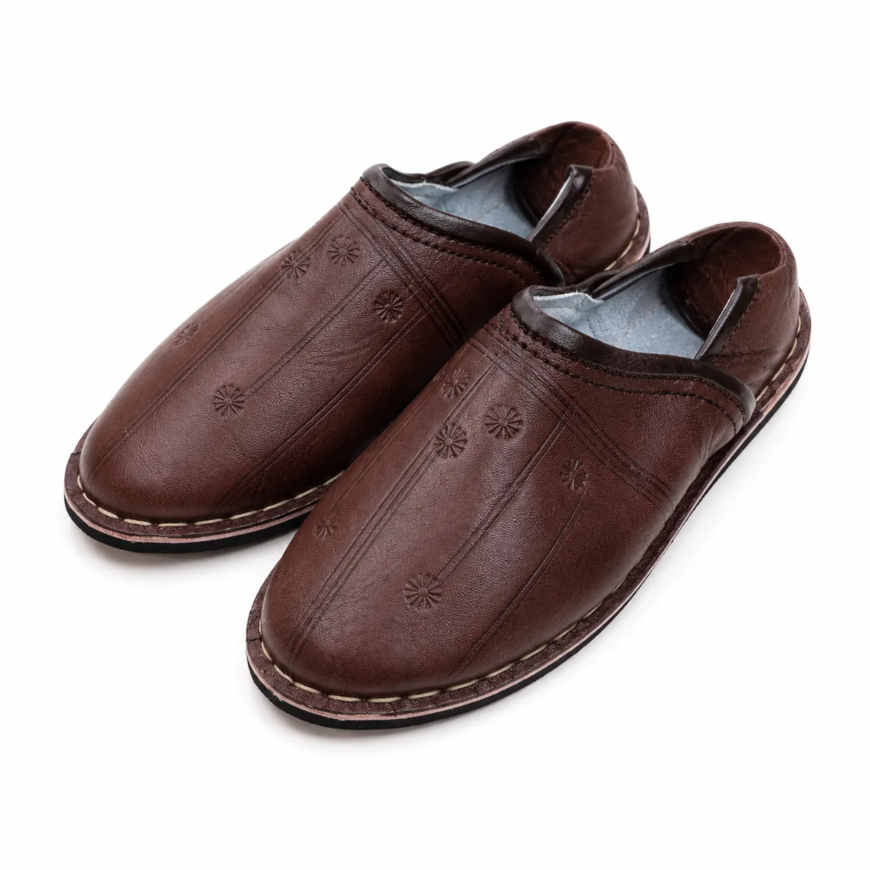 Chestnut Floral-Stitched Moroccan Leather Mule Slippers