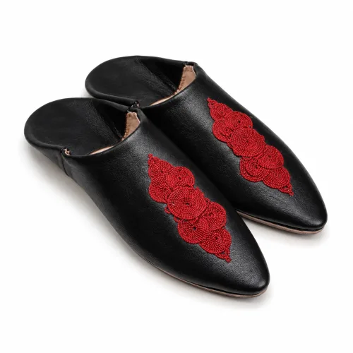 Ebony Leather Babouche Slippers with Crimson Beaded Medallion