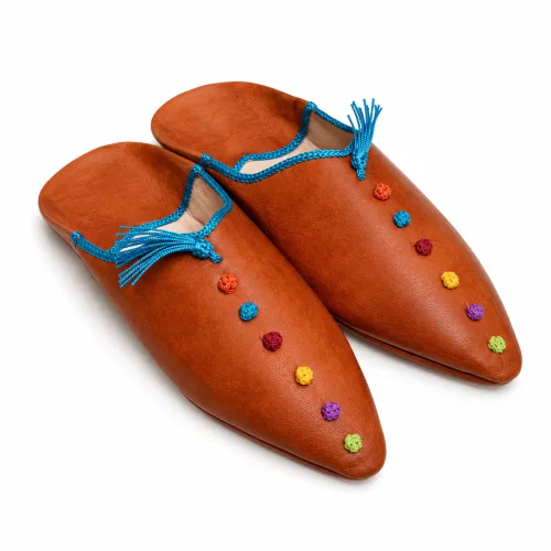 Chestnut Moroccan Babouche Slippers with Blue Trim & Rainbow Accents