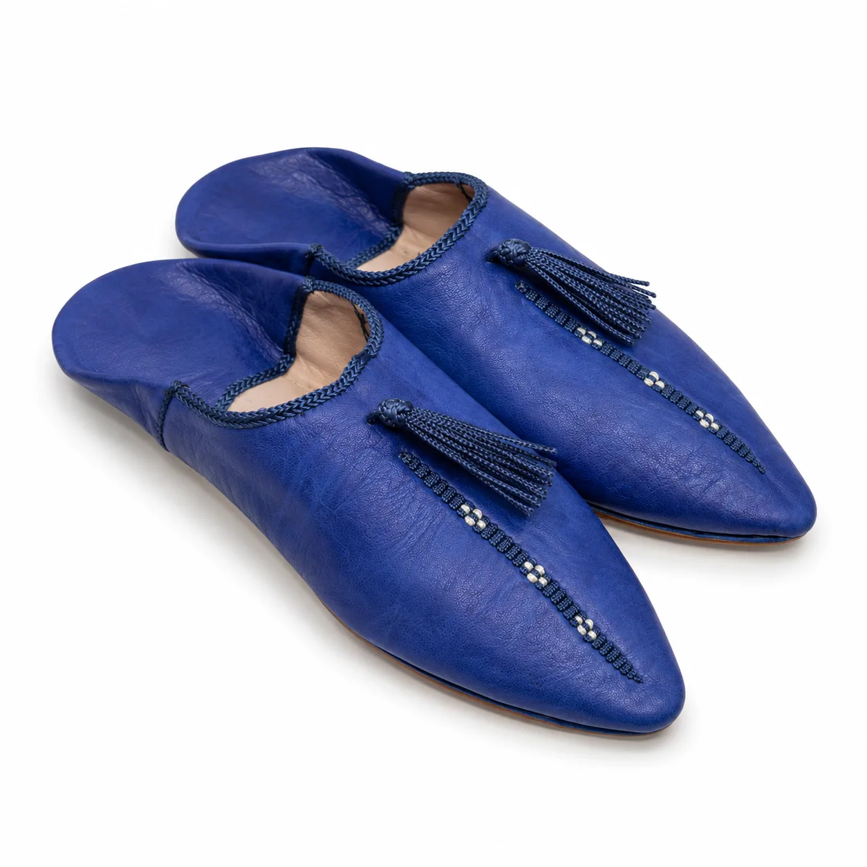 Indigo Tasselled Moroccan Babouche Slippers – Handmade Leather Elegance