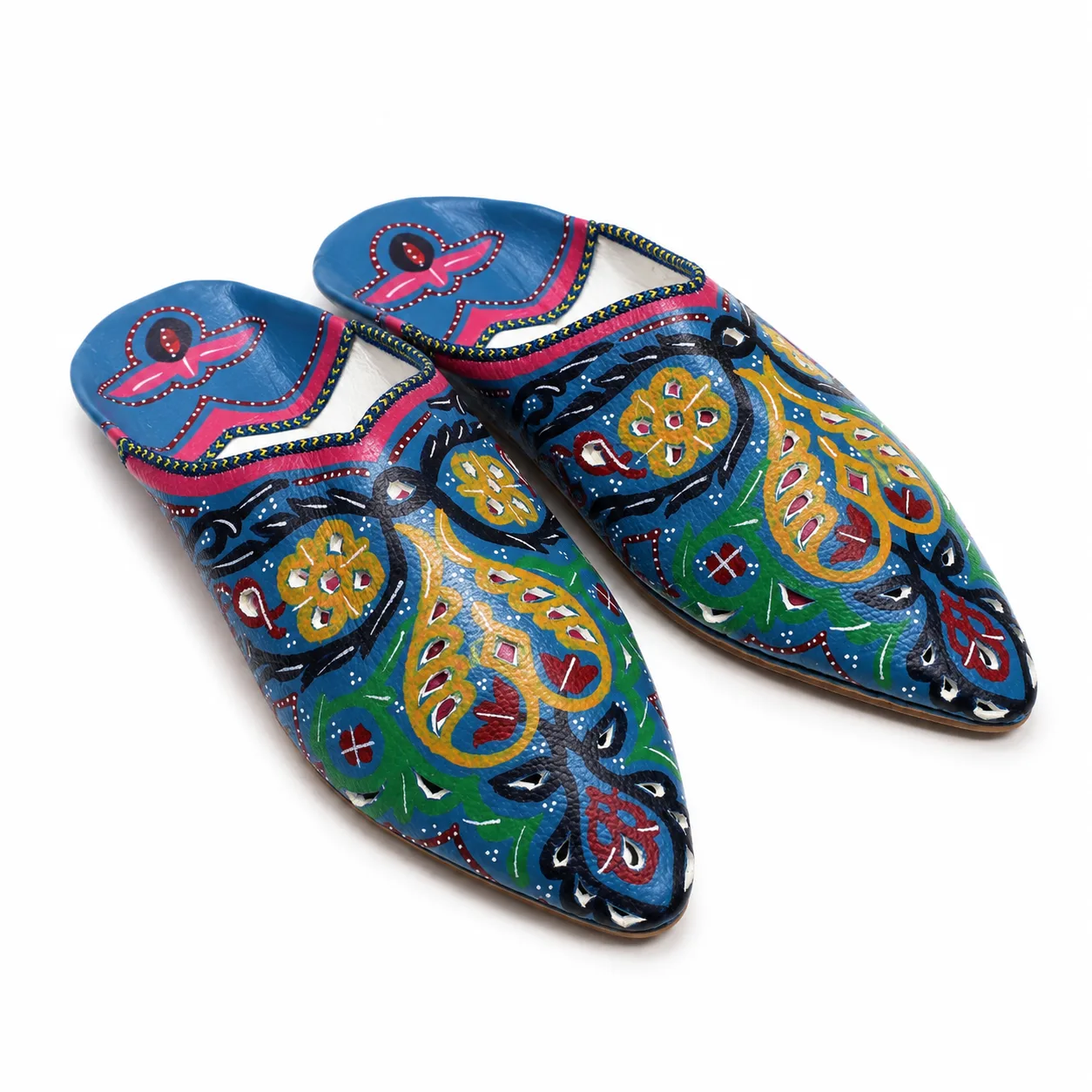 Vivid Blue Floral Moroccan Babouche Slippers with Hand-Painted Paisley