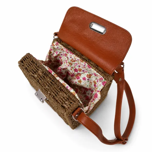 Caramel Leather & Woven Straw Moroccan Crossbody Bag