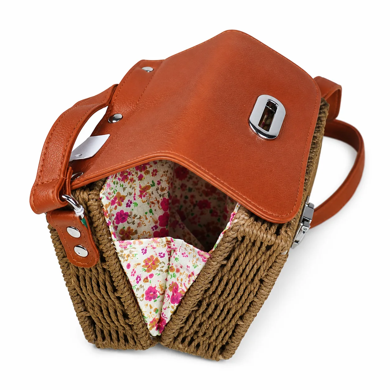 Caramel Leather & Woven Straw Moroccan Crossbody Bag