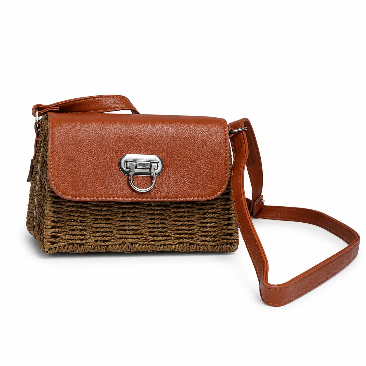 Caramel Leather & Woven Straw Moroccan Crossbody Bag