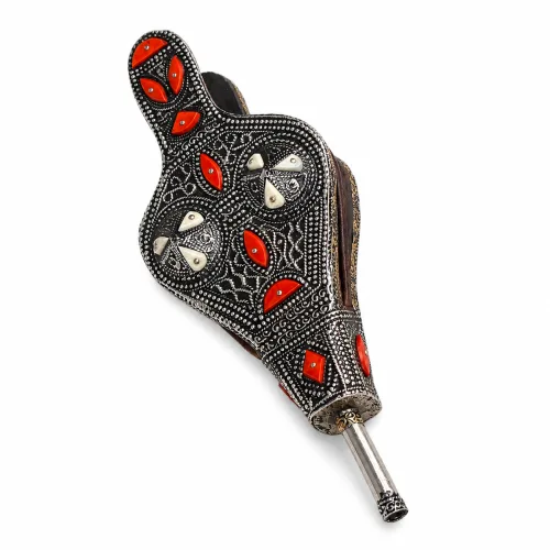 Ornate Ebony & Coral Moroccan Fireplace Bellows with Silver Inlay