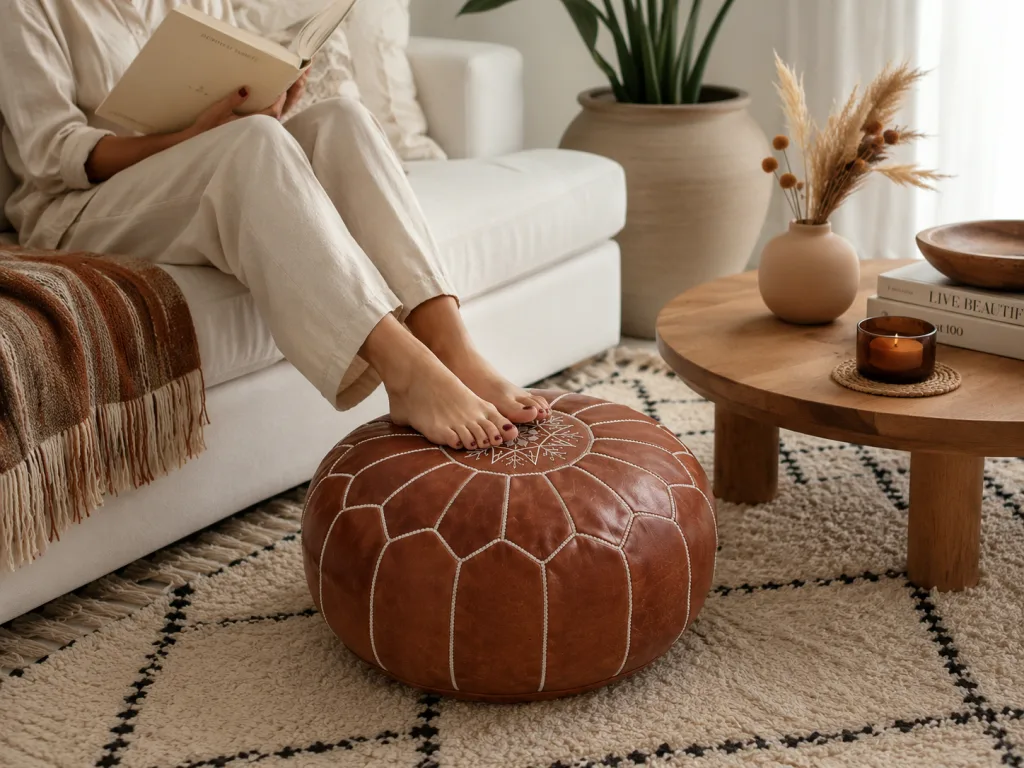 A Moroccan Leather Hassock - Stylish Footrest for Everyday Comfort