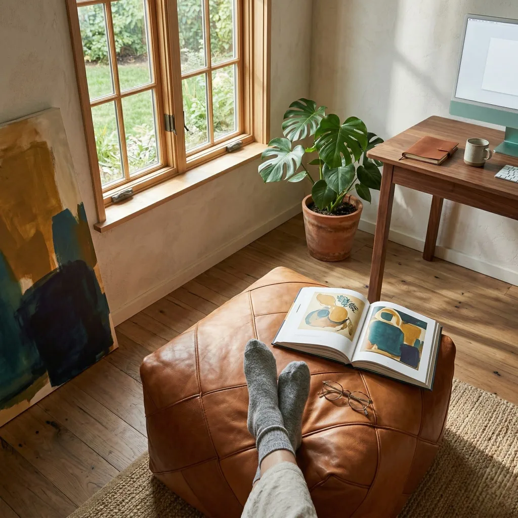 Square leather pouf