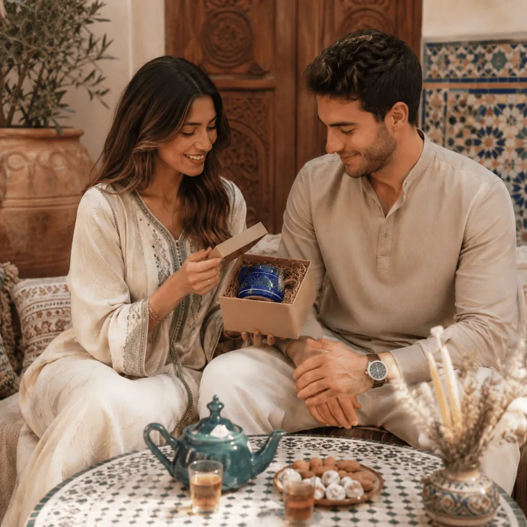 A woman giving a Pottery gift to her Husband or Boyfriend