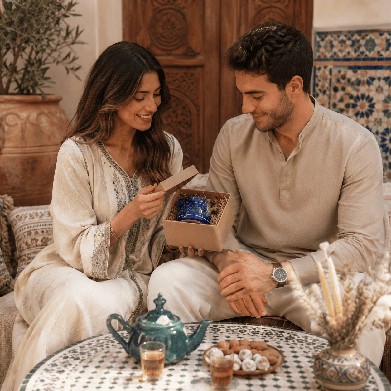 A woman giving a Pottery gift to her Husband or Boyfriend