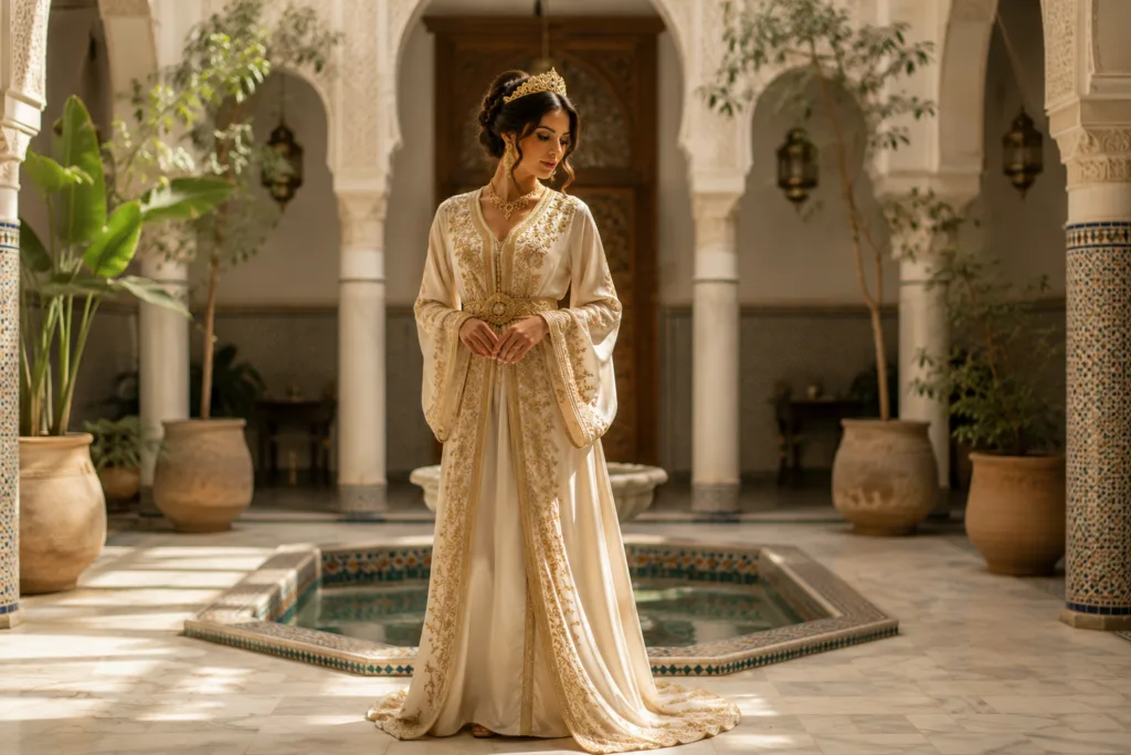 Beatifull Moroccan Woman Wearing a White Moroccan Wedding Dress inside a Moroccan Riad