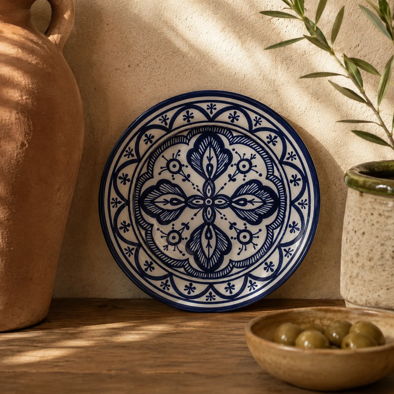 Handmade Moroccan Ceramic Plate, Blue White Fez Pottery Wall Decor