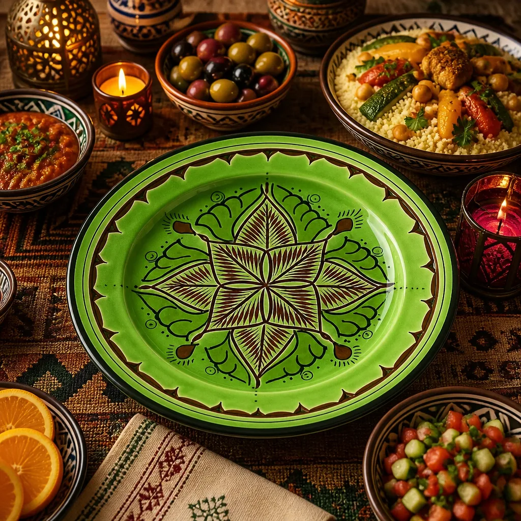 Green Moroccan Plate with Hand-Painted Brown Star Motif - Image 4