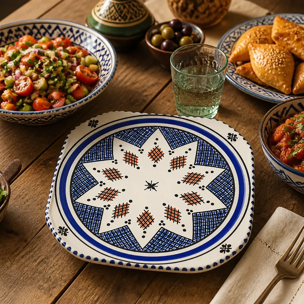 Hand Painted Moroccan Plate with Blue and Red Star Design - Image 3