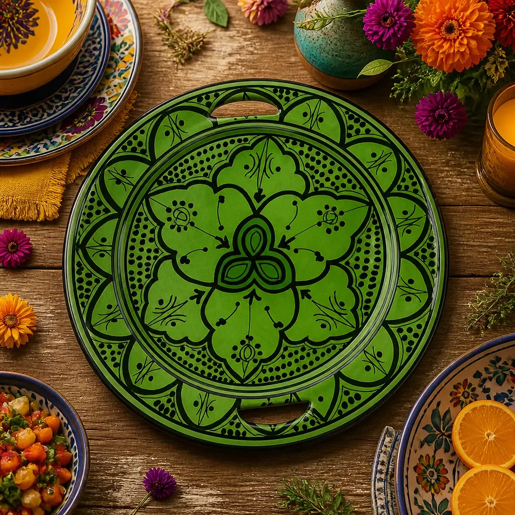 Green Moroccan Ceramic Tray Plate with Cut-Out Handles - Image 2