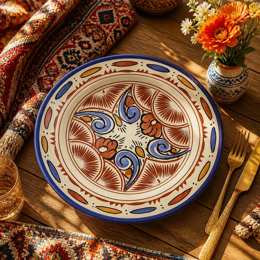 Hand-Painted Moroccan Terracotta & Blue Floral Plate - Image 2