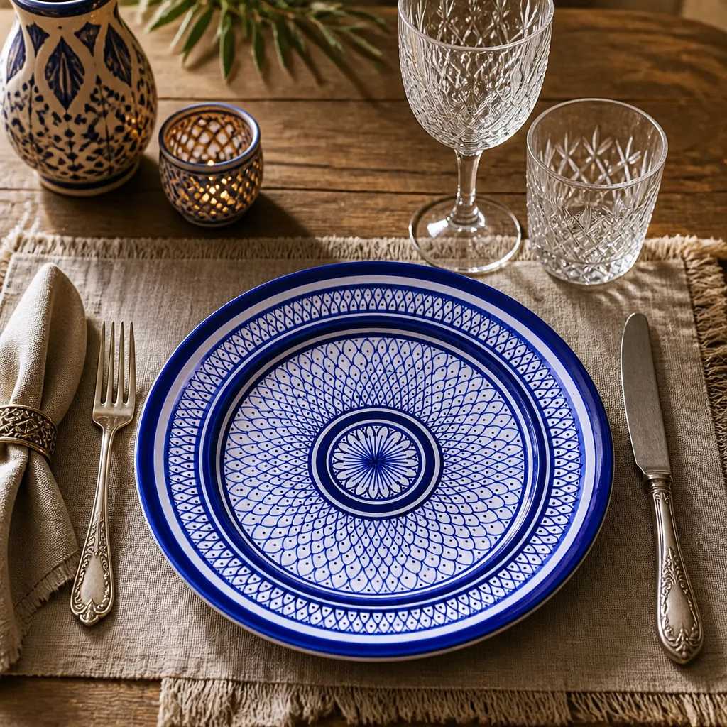 Handmade Moroccan Ceramic Plate – Cobalt Blue Geometric Design - Image 2