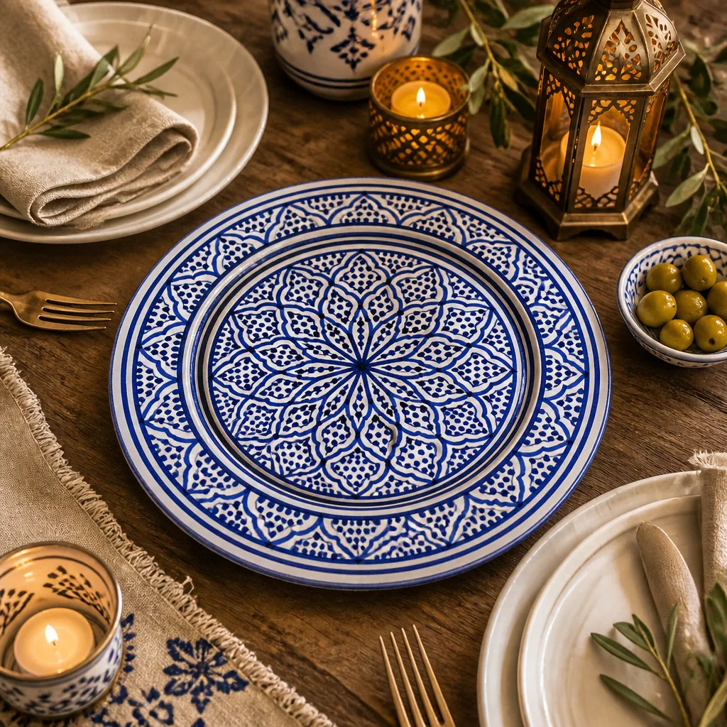 Blue Moroccan Decorative Plate – Hand-Painted Floral Mandala - Image 2