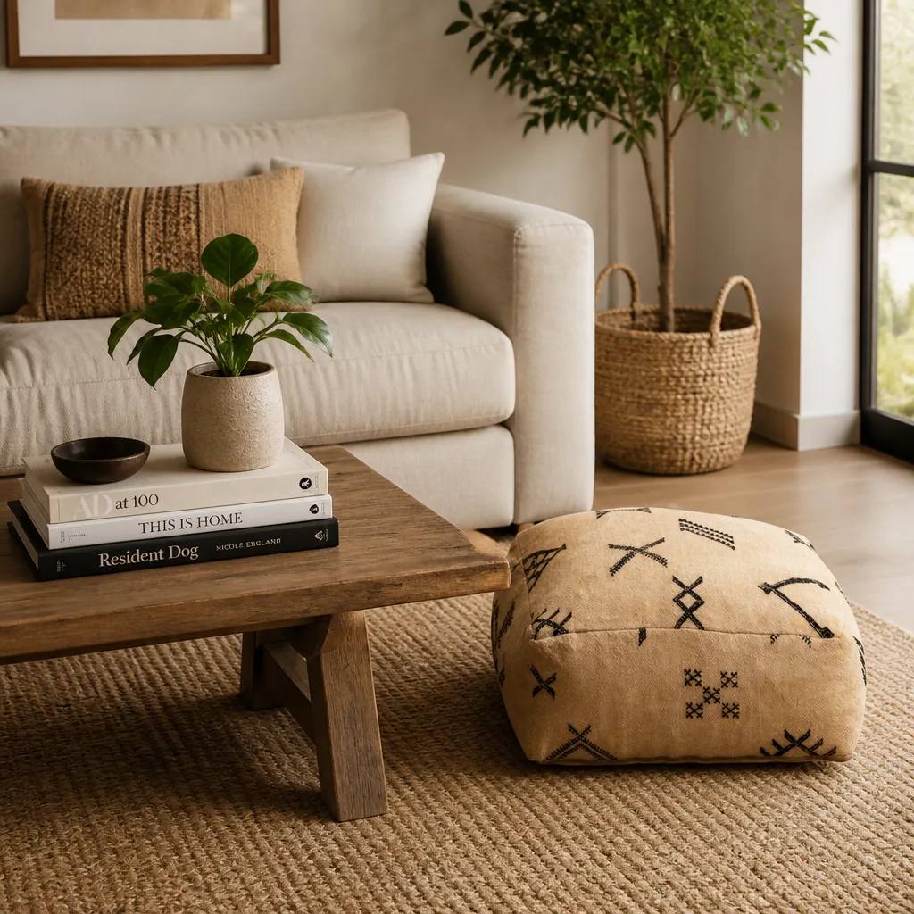 Sand Square Leather Pouf Ottoman with Black Berber Motifs - Image 3