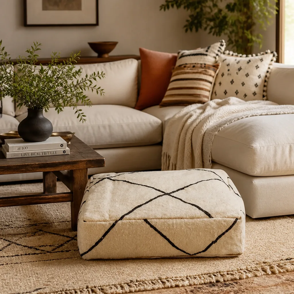 Square Moroccan Leather Pouf with Cream Wool Diamond Pattern - Image 4