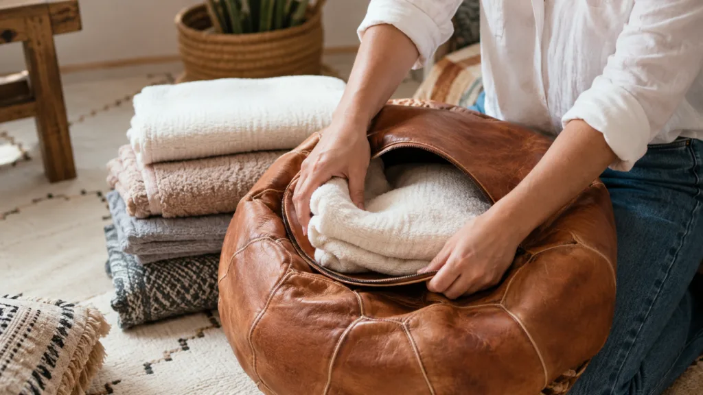 A woman showing how to fill a leather pouf