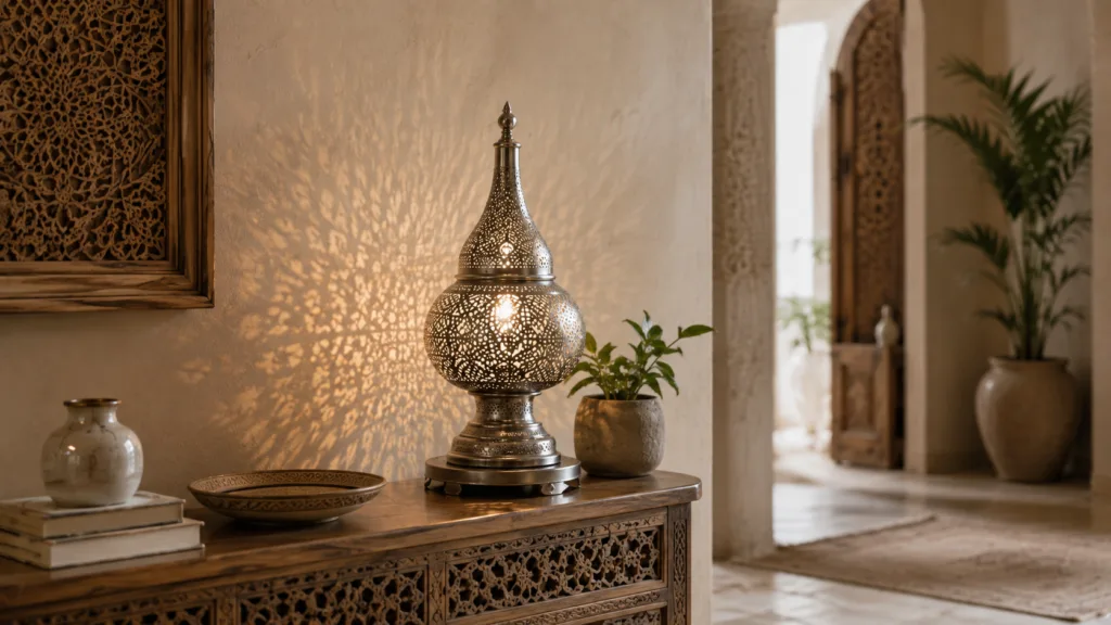 A silver lamp placed in a table