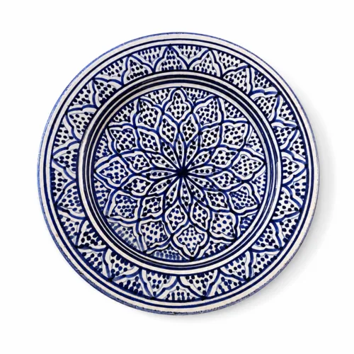 Handmade Moroccan ceramic plate with cobalt blue geometric pattern