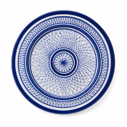Handmade Moroccan ceramic plate with cobalt blue geometric pattern